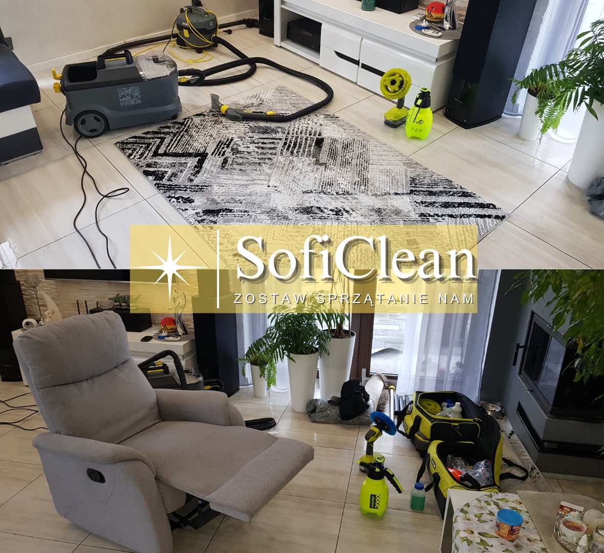 Czyszczenie dywanu wzorzystego odkurzaczem piorącym na jasnej podłodze, widoczny fotel z rozłożonym podnóżkiem i logo firmy SofiClean.
