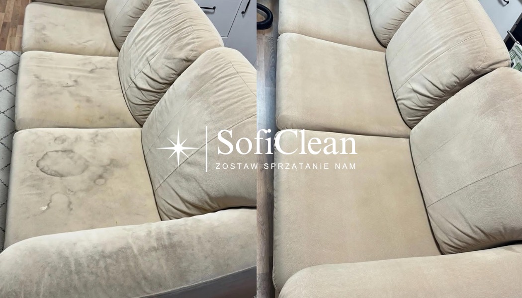 Beżowa sofa przed i po czyszczeniu, widoczne plamy i efekt odświeżenia, logo firmy na zdjęciu.