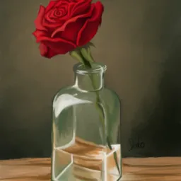 Cyfrowa ilustracja pojedynczej czerwonej róży w przezroczystym, kwadratowym wazonie wypełnionym wodą, umieszczonym na drewnianym stole na tle ciemnej ściany. Widoczny podpis autora w prawym górnym...