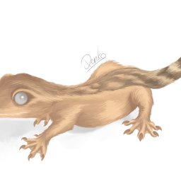 Julia Muża - Cyfrowa ilustracja beżowego gekona z prążkowanym ogonem na białym tle, podpisana 'Denko'.