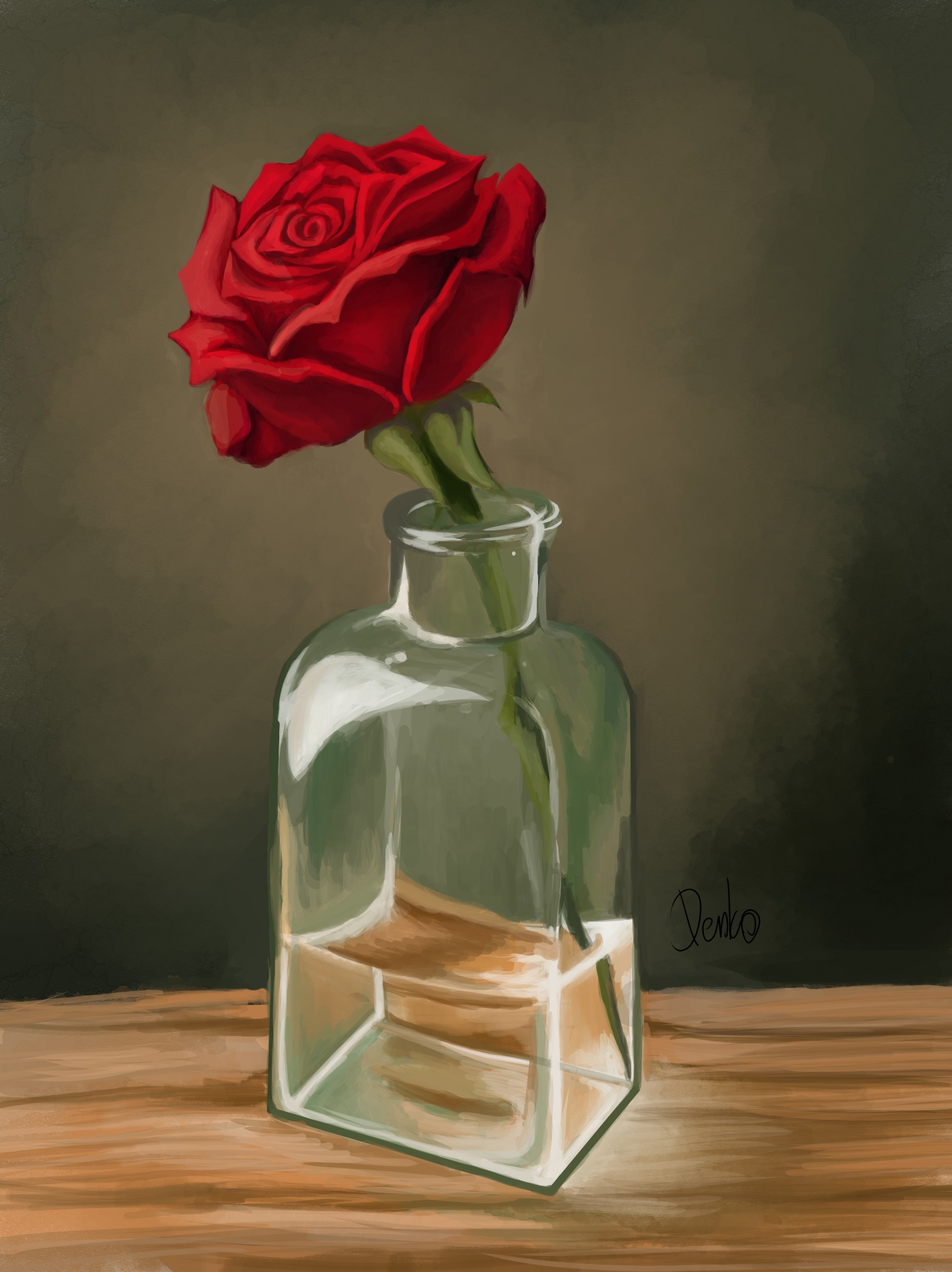 Cyfrowa ilustracja pojedynczej czerwonej róży w przezroczystym, kwadratowym wazonie wypełnionym wodą, umieszczonym na drewnianym stole na tle ciemnej ściany. Widoczny podpis autora w prawym górnym...