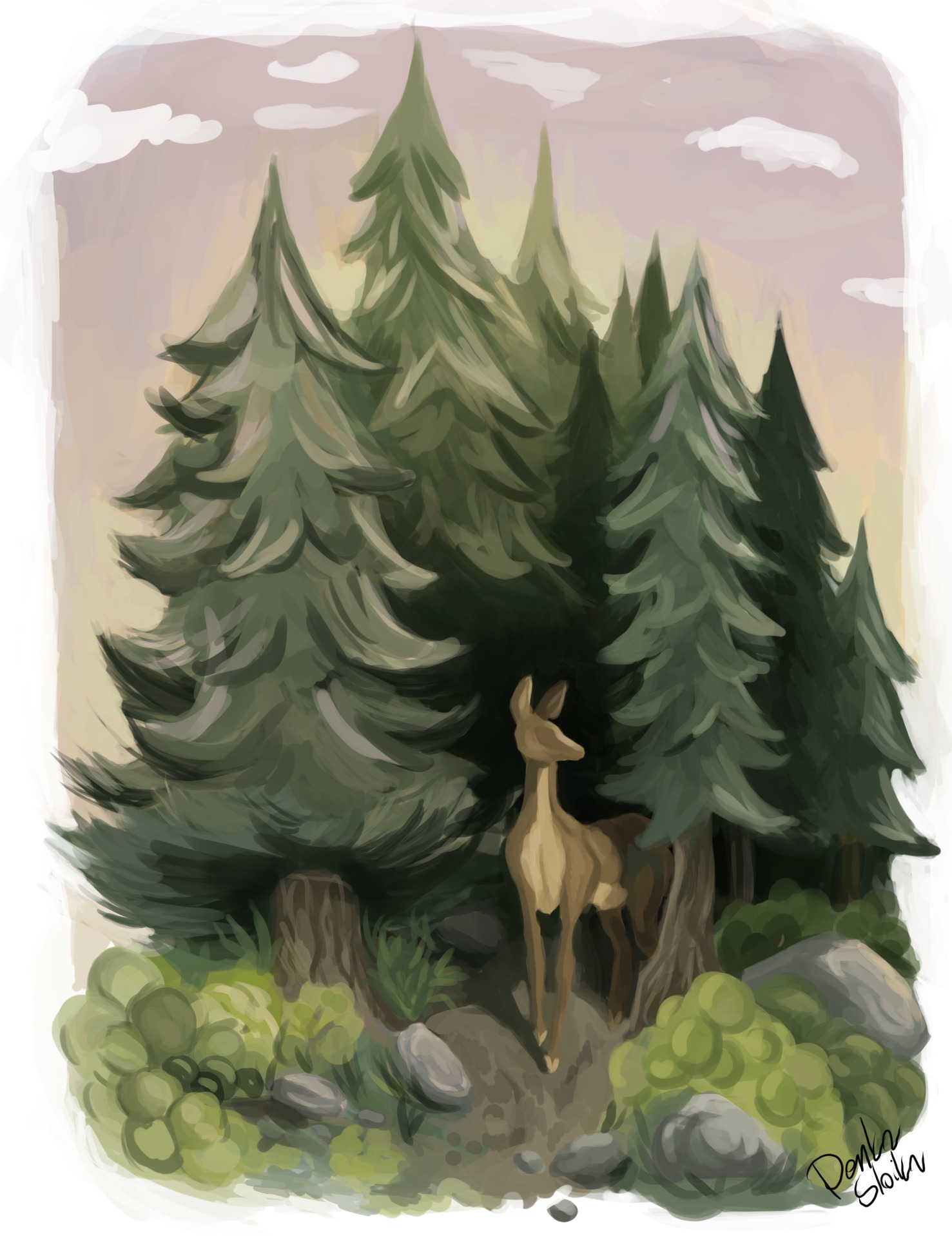 Cyfrowa ilustracja przedstawiająca jelenia stojącego przed grupą zielonych drzew iglastych, z elementami krajobrazu w dolnej części i pastelowym niebem w tle.