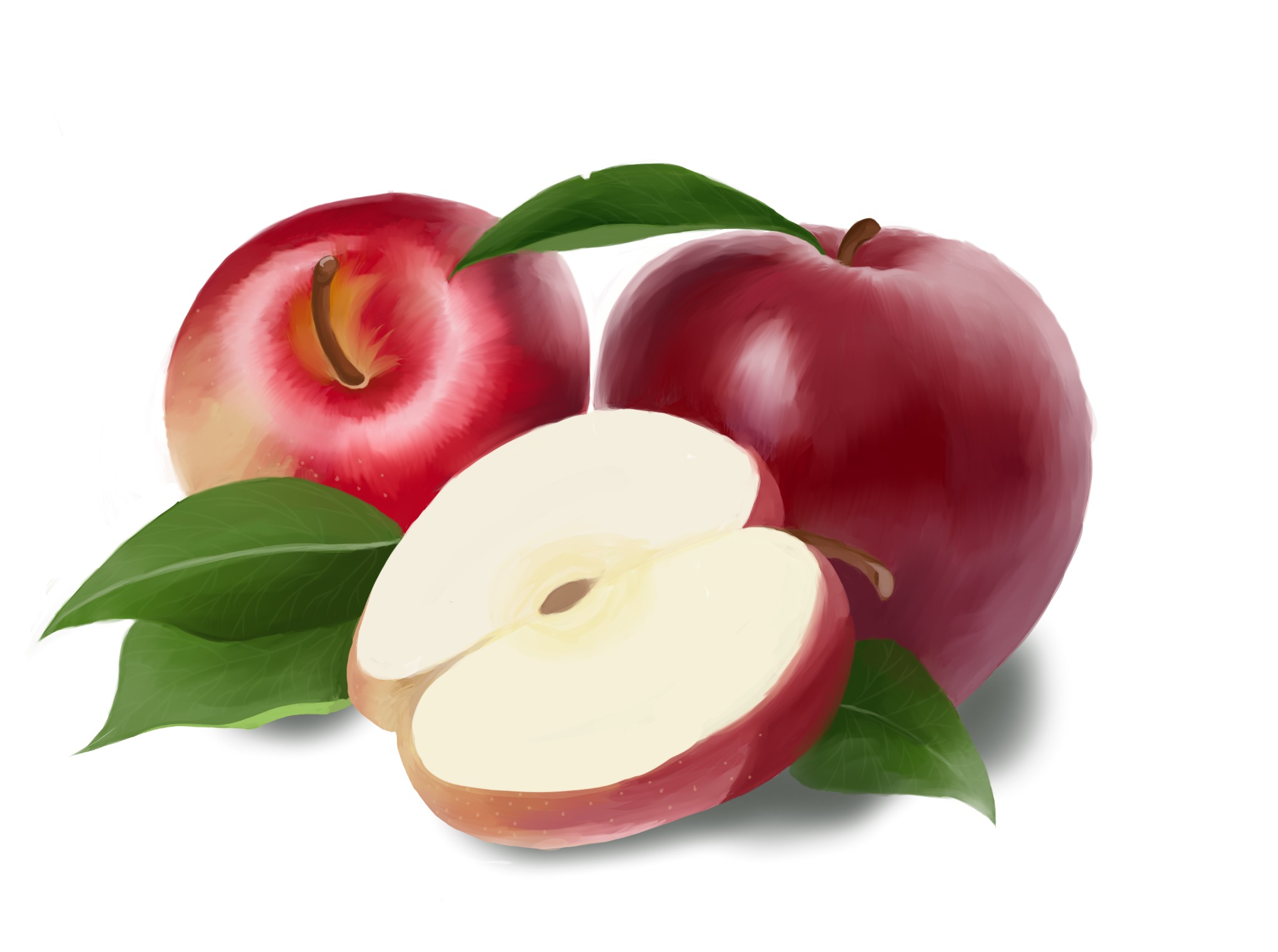 Cyfrowa ilustracja przedstawiająca dwa całe, czerwone jabłka i jedno przekrojone na pół, z zielonymi liśćmi na białym tle.