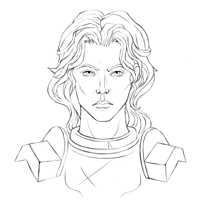 Szkic portretu kobiety w zbroi, wykonany w Jastarni, prezentujący styl linearny i geometryczne elementy pancerza.