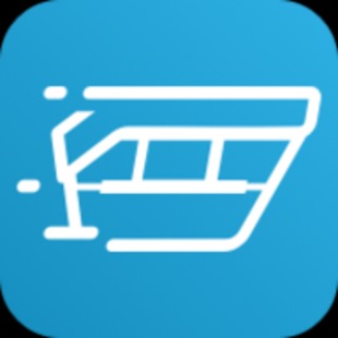 Ikona białego kontenera z otwartą klapą na niebieskim tle, symbolizująca usługi transportowe.