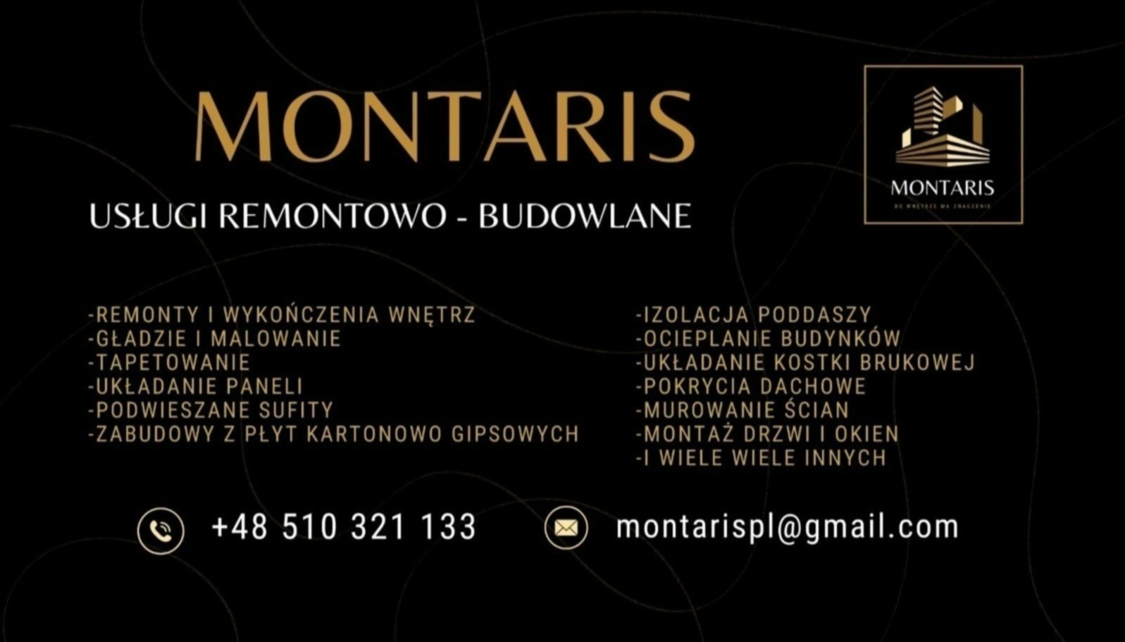 Grafika reklamowa firmy Montaris oferującej usługi remontowo-budowlane, w tym remonty i wykończenia wnętrz, gładzie i malowanie, tapetowanie, układanie paneli, podwieszane sufity, zabudowy z płyt...