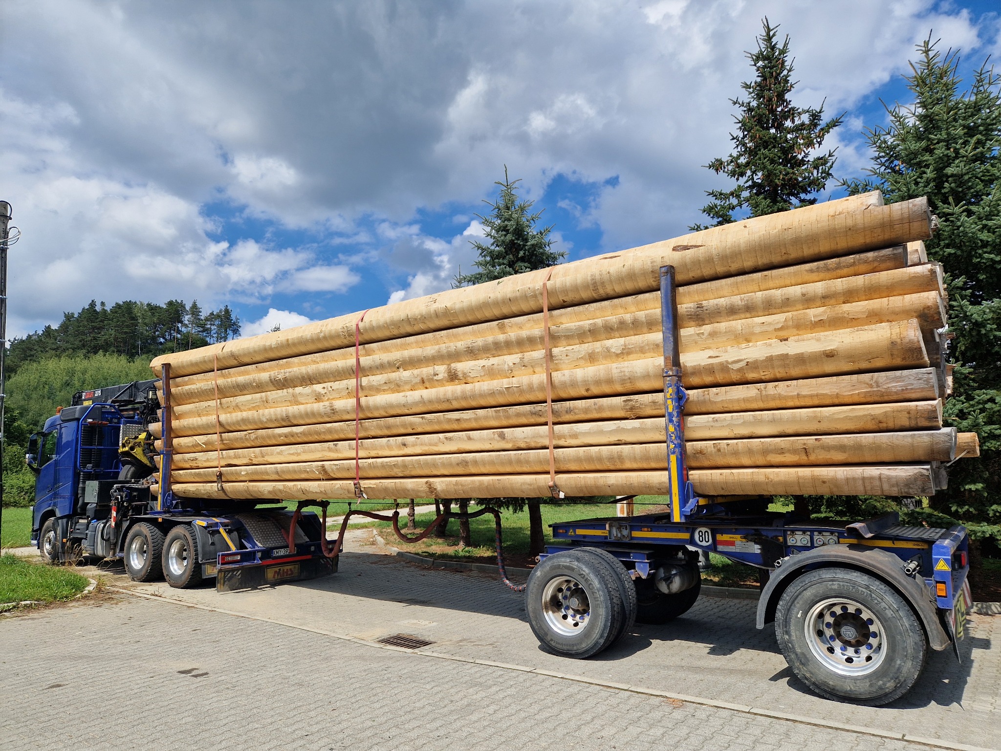 Ciężarówka z niebieską kabiną transportuje stos okrąglaków drewna na przyczepie, widok z boku na tle zieleni i błękitnego nieba z chmurami.