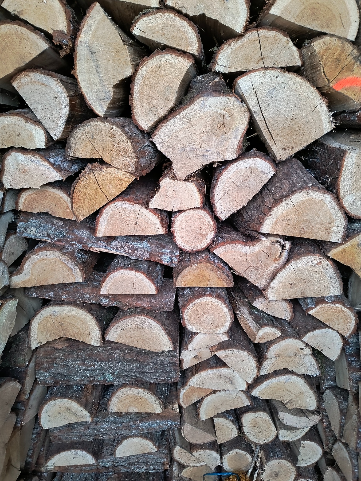 Stos pociętego drewna opałowego ułożonego w regularny wzór, widoczne sęki i kora, na jednym kawałku pomarańczowy ślad po farbie.