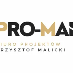 Logo firmy projektowej PRO-MAŁ Biuro Projektów Krzysztof Malicki na białym tle. Nazwa firmy w kolorach złotym i czarnym, z wyraźnym napisem 'Biuro Projektów'.
