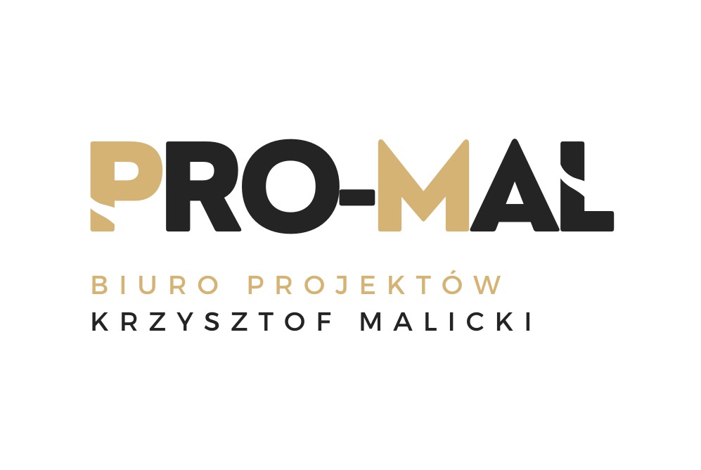 Logo firmy projektowej PRO-MAŁ Biuro Projektów Krzysztof Malicki na białym tle. Nazwa firmy w kolorach złotym i czarnym, z wyraźnym napisem 'Biuro Projektów'.