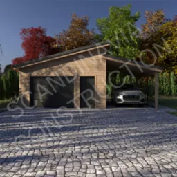 Nowoczesny dom szkieletowy z garażem i wiatą na samochód, wykończony drewnem, na tle drzew z jesiennymi liśćmi i brukowanym podjazdem.