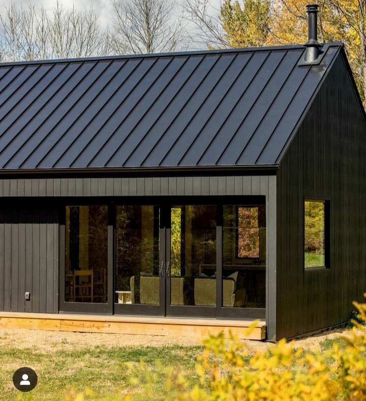 Czarny, nowoczesny dom szkieletowy z metalowym dachem i dużymi przeszkleniami, otoczony jesienną roślinnością.