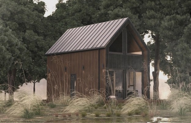 Nowoczesny dom o konstrukcji szkieletowej z brązową elewacją i metalowym dachem, otoczony drzewami i wysoką trawą.