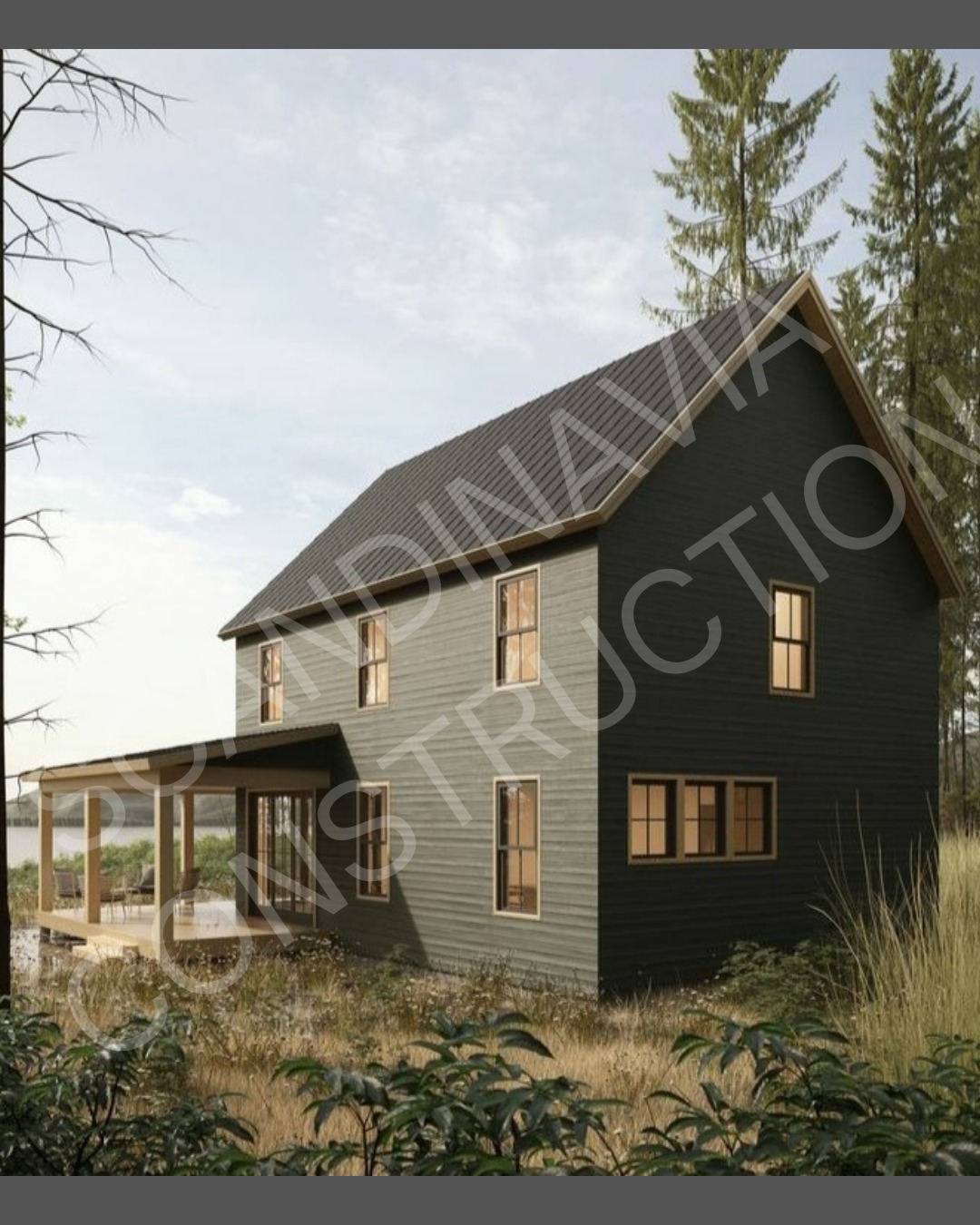 Dwukondygnacyjny dom szkieletowy z zadaszonym tarasem, widok z zewnątrz. Dom w odcieniach szarości, otoczony zielenią i drzewami. Widoczne jezioro w tle.