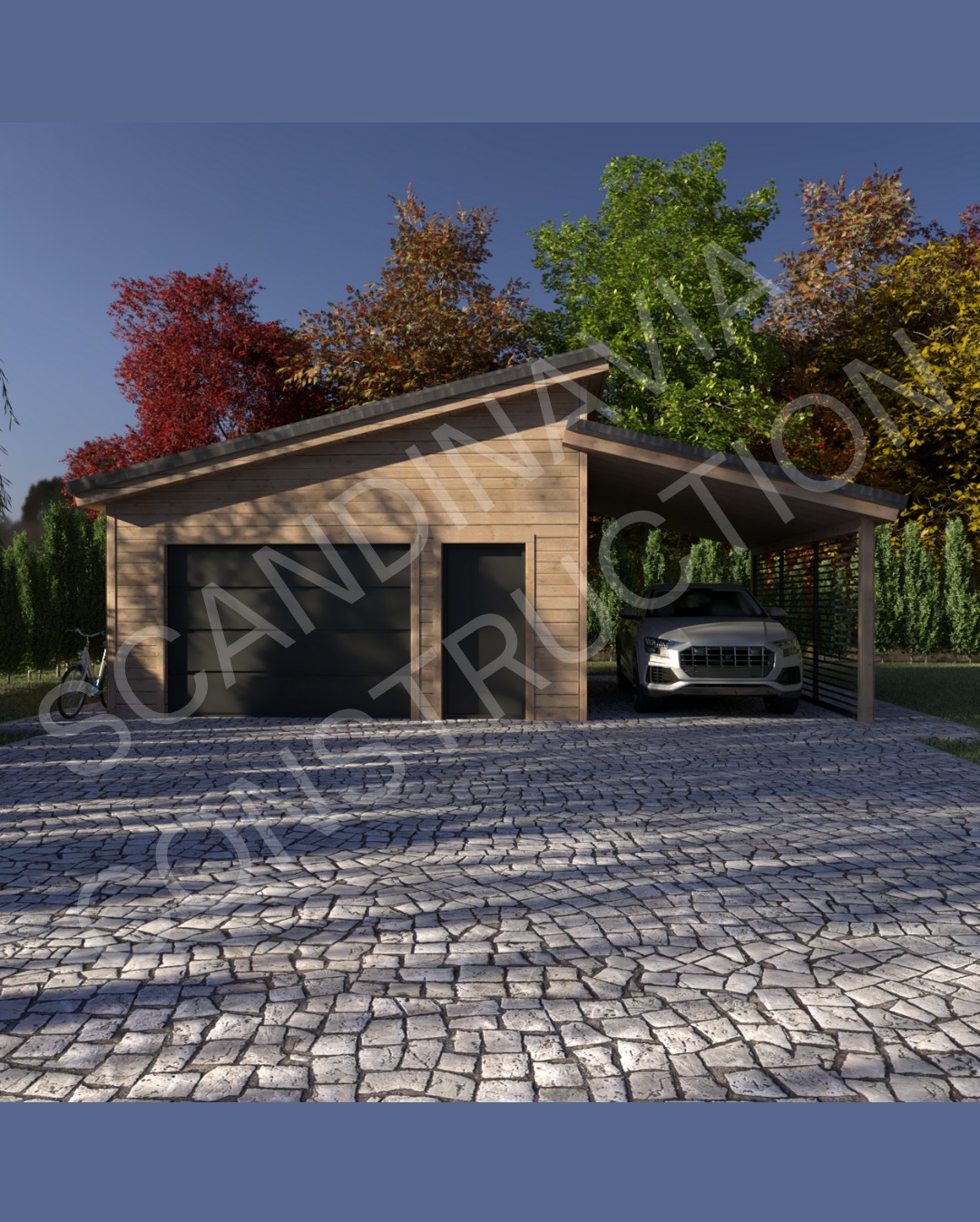 Nowoczesny dom szkieletowy z garażem i wiatą na samochód, wykończony drewnem, na tle drzew z jesiennymi liśćmi i brukowanym podjazdem.