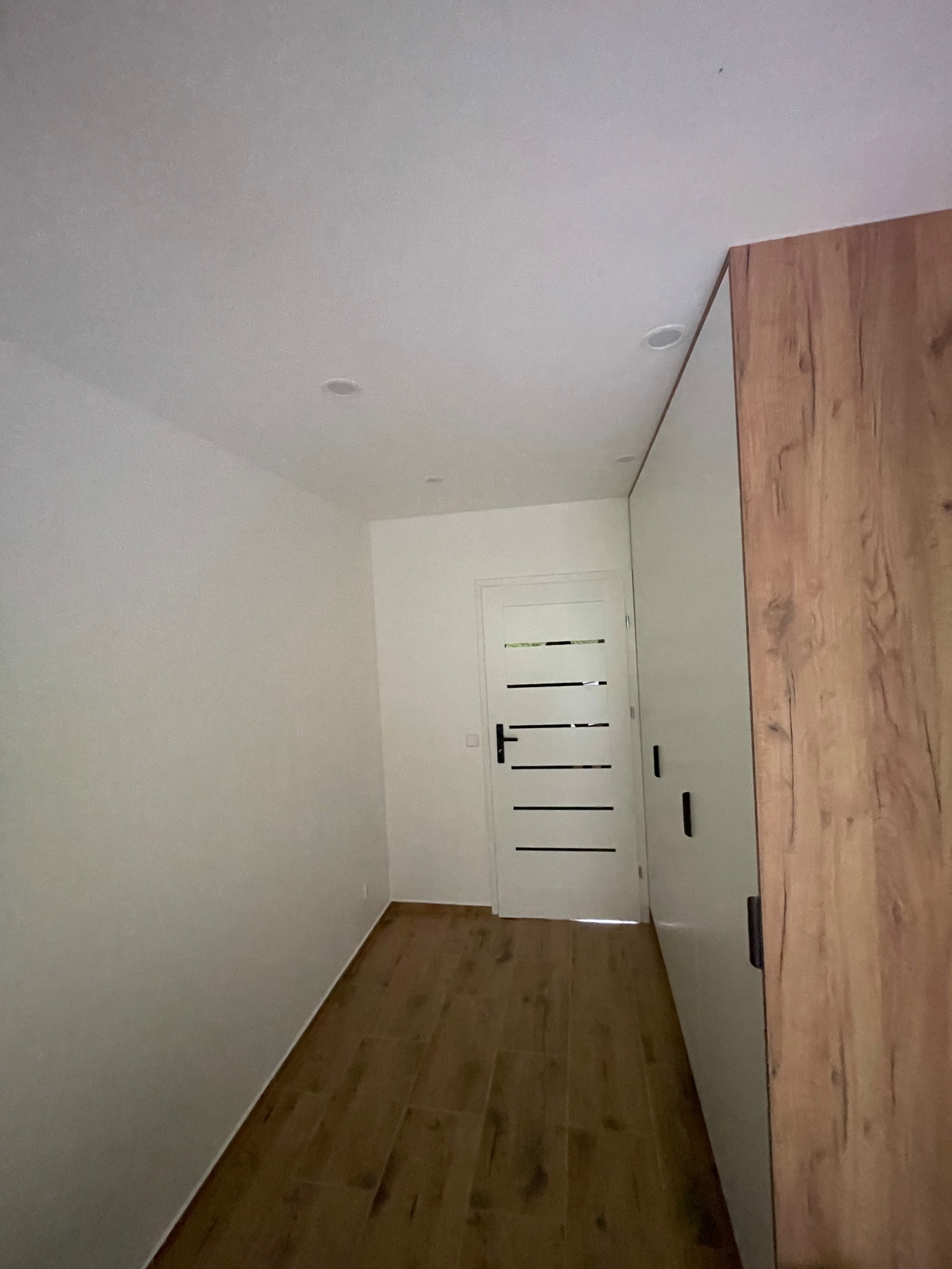 Nowoczesny przedpokój z drewnianą podłogą, białą ścianą i szafą z okleiną drewnopodobną. W tle białe drzwi z poziomymi, czarnymi paskami.