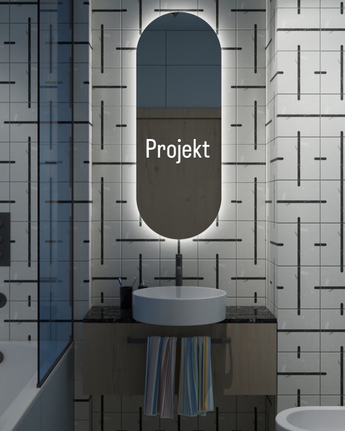 Nowoczesna łazienka z owalnym lustrem LED, białą umywalką i geometrycznymi płytkami. Projekt wnętrza z akcentami czerni i bieli, minimalistyczny design.