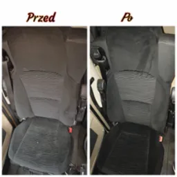 Porównanie fotela samochodowego przed i po czyszczeniu, widoczne wyraźne różnice w czystości tapicerki.