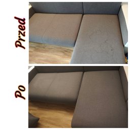 Lux Cleaning IvanHamurar - Dwa ujęcia tej samej szarej, narożnej kanapy: górne pokazuje zabrudzenia na siedzisku, dolne prezentuje kanapę po czyszczeniu, z odświeżonym kolorem.