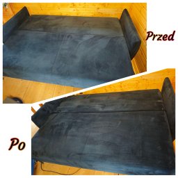 Lux Cleaning IvanHamurar - Zdjęcie przedstawia kanapę z ciemną tapicerką w dwóch ujęciach: górne pokazuje stan 'przed' czyszczeniem, z widocznymi plamami i zabrudzeniami, a dolne stan 'po' czyszczeniu, z odświeżonym kolorem...