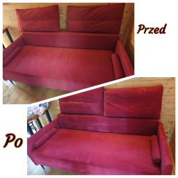 Lux Cleaning IvanHamurar - Porównanie stanu czerwonej kanapy przed i po czyszczeniu, widoczne różnice w odświeżonym kolorze i usuniętych plamach, drewniana boazeria w tle.