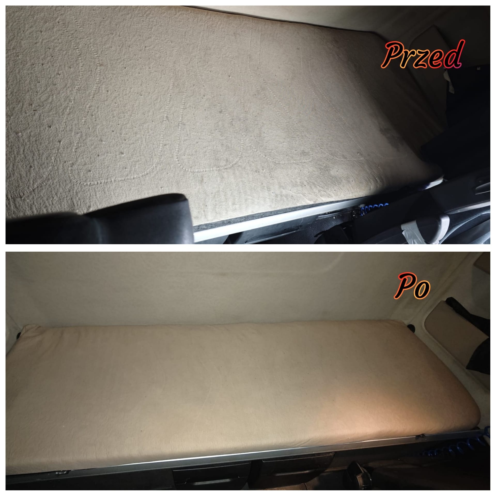 Materac w kabinie ciężarówki: widok przed i po czyszczeniu, ukazujący znaczną poprawę wyglądu.