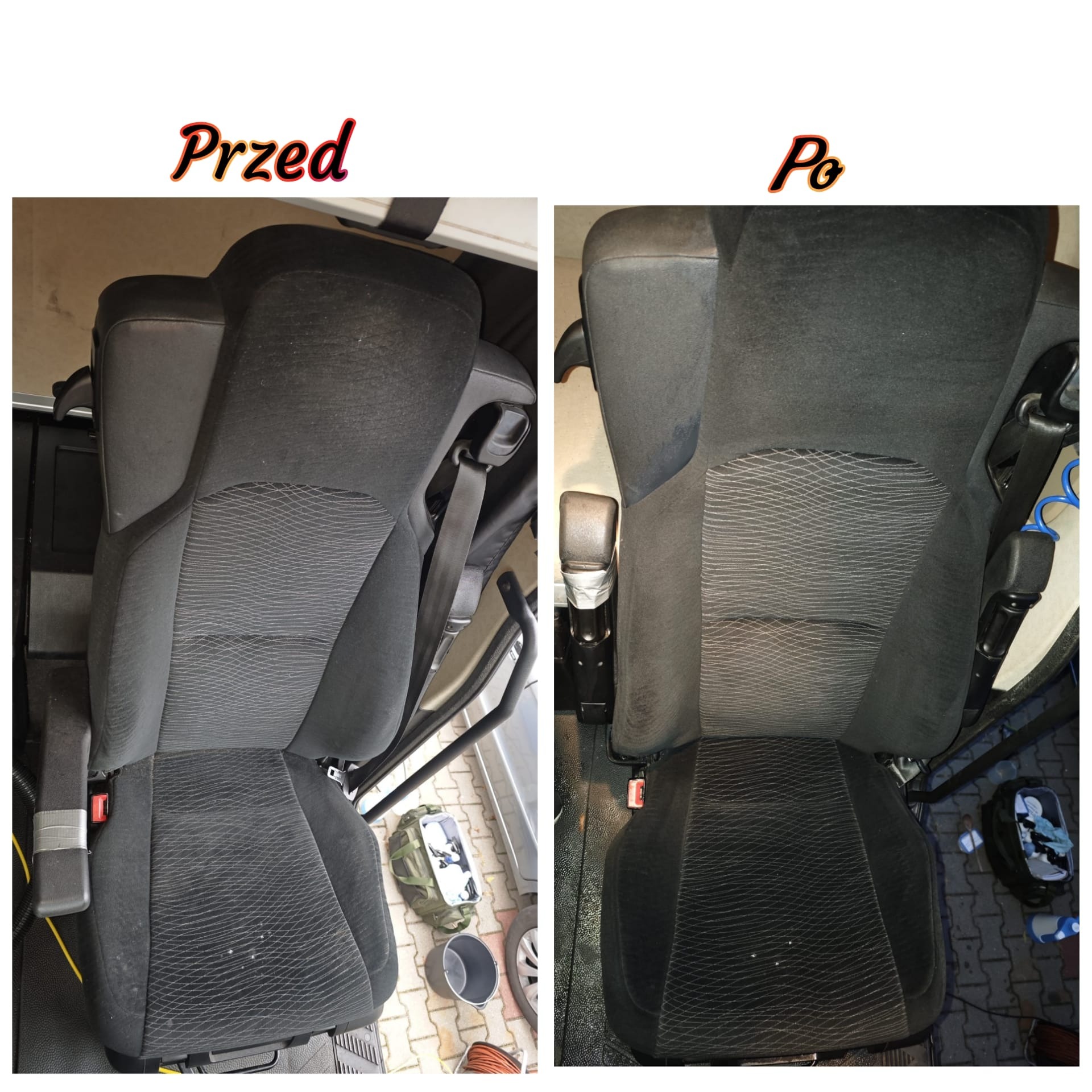 Porównanie fotela samochodowego przed i po czyszczeniu, widoczne różnice w odcieniu i czystości tapicerki.