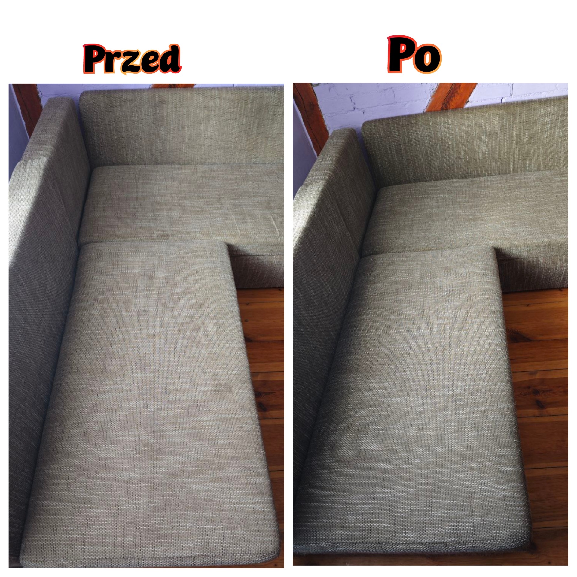 Porównanie: narożnik tapicerowany w odcieniach beżu, lewa strona z widocznymi plamami i zabrudzeniami, prawa strona po czyszczeniu, z wyraźnie odświeżonym kolorem i brakiem plam.