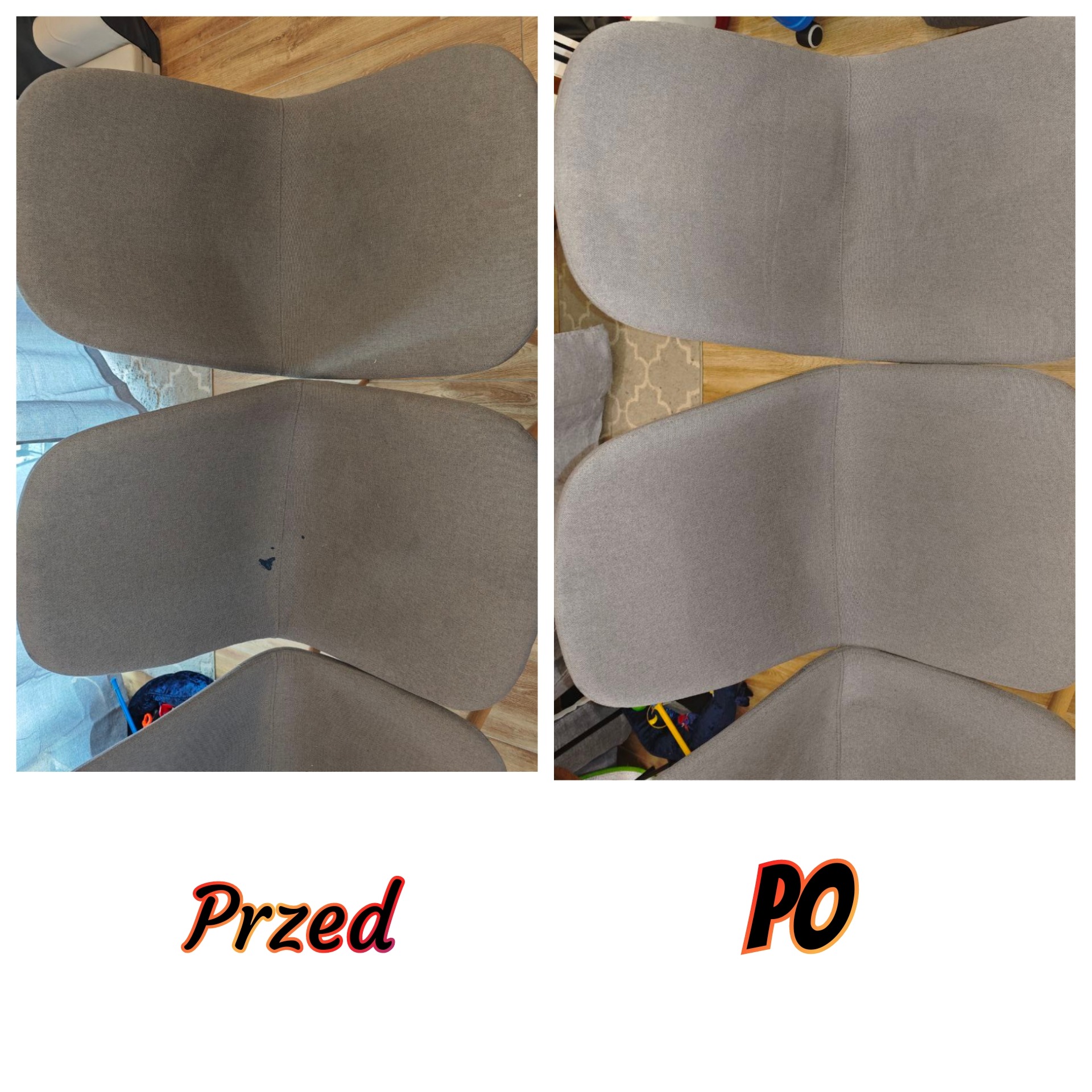 Dwa krzesła tapicerowane z szarego materiału, ujęcie z góry: po lewej stronie krzesło z plamą, po prawej to samo krzesło po czyszczeniu, na drewnianej podłodze, z widocznymi fragmentami otoczenia.