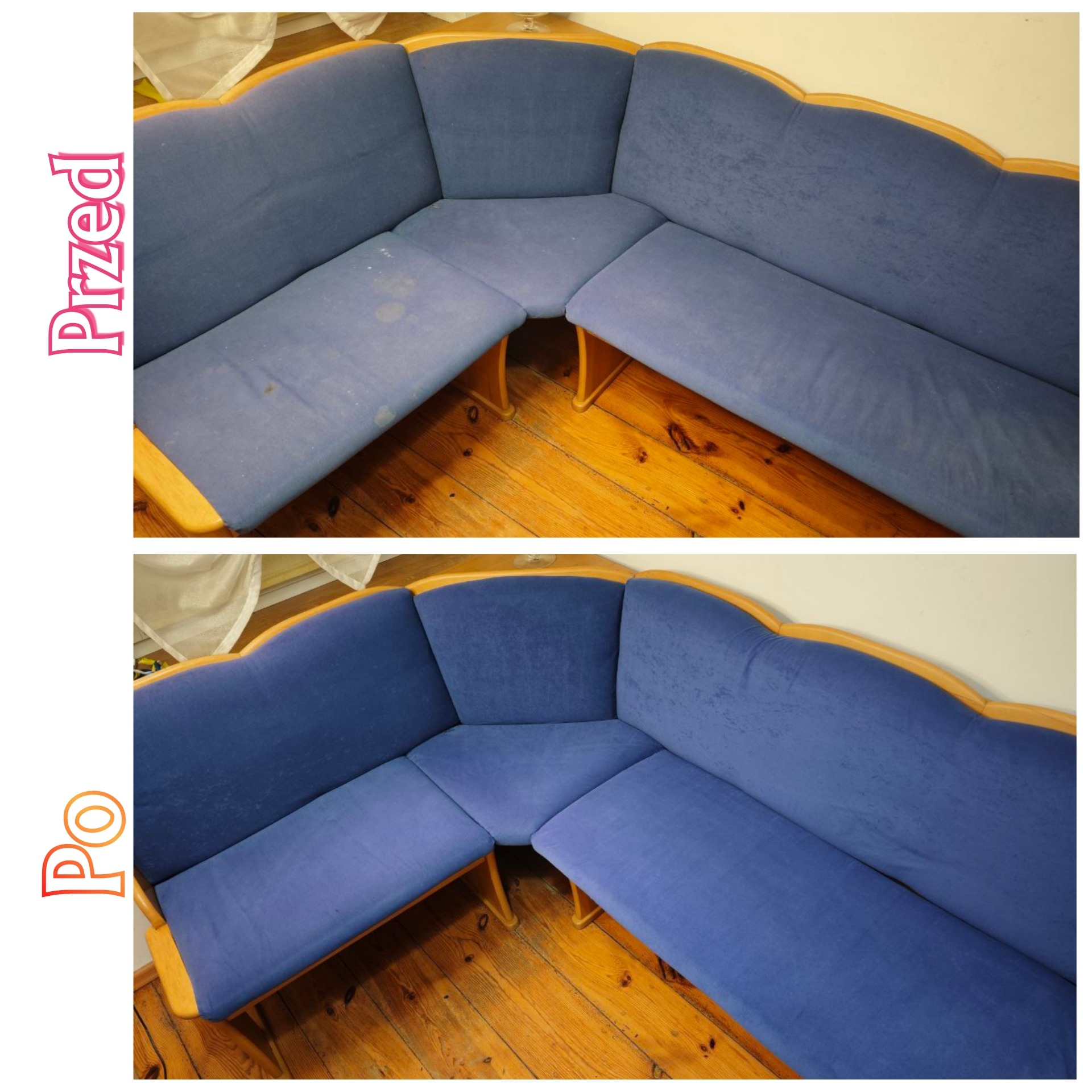 Narożnik z niebieską tapicerką, widok przed i po czyszczeniu, plamy usunięte, drewniane nogi i rama, parkiet na podłodze.