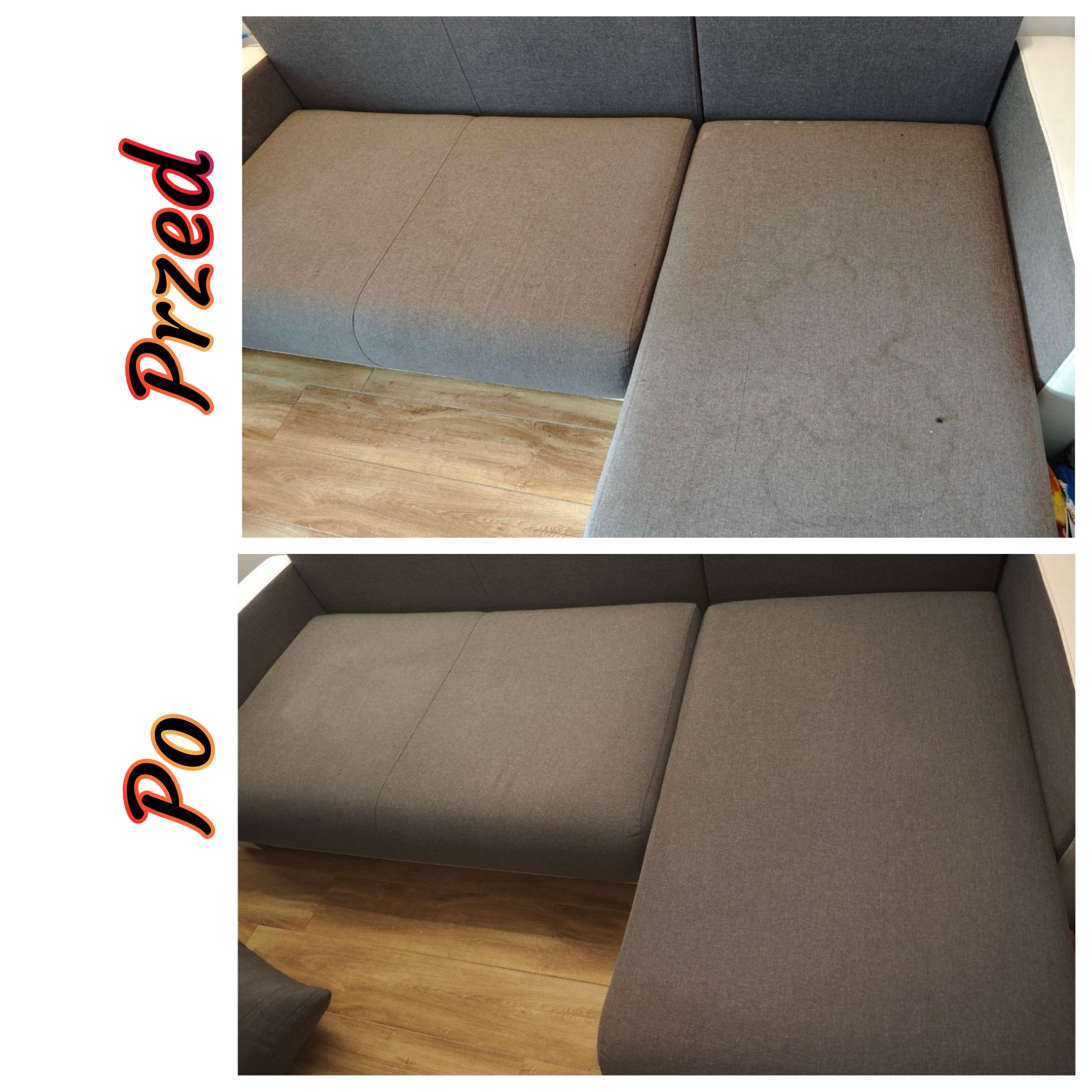 Dwa ujęcia tej samej szarej, narożnej kanapy: górne pokazuje zabrudzenia na siedzisku, dolne prezentuje kanapę po czyszczeniu, z odświeżonym kolorem.