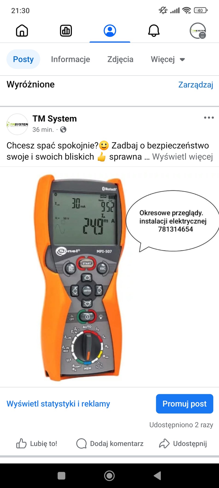 Miernik elektryczny Sonel MPI-507 z wyświetlanymi wynikami pomiarów, sugerujący okresowe przeglądy instalacji elektrycznej, numer telefonu kontaktowy w dymku.