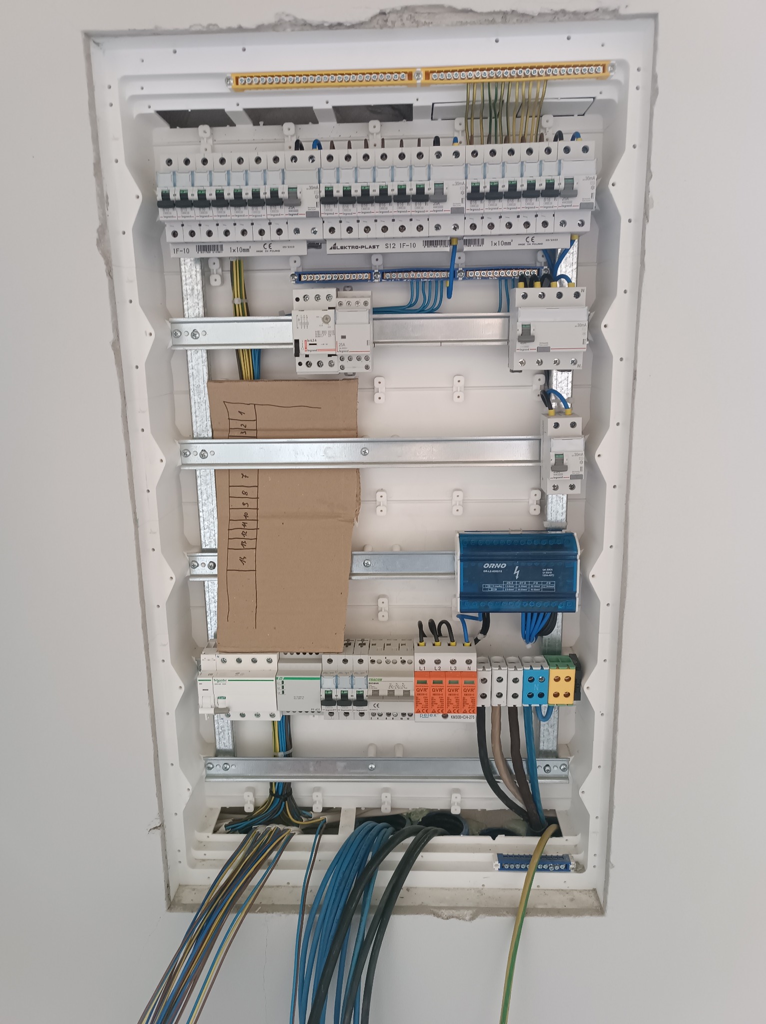 Rozdzielnica elektryczna wnękowa, z zainstalowanymi bezpiecznikami, zabezpieczeniami przepięciowymi i okablowaniem. Widoczne brązowe kartki z opisem obwodów.