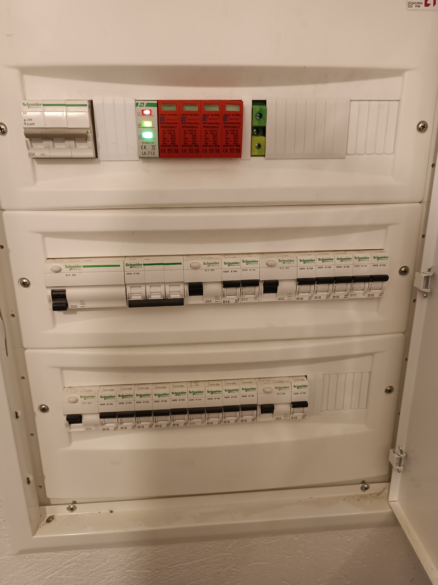 Rozdzielnica elektryczna Schneider z zamontowanymi bezpiecznikami i zabezpieczeniami, widoczne oznaczenia i parametry techniczne. Otwarta obudowa.