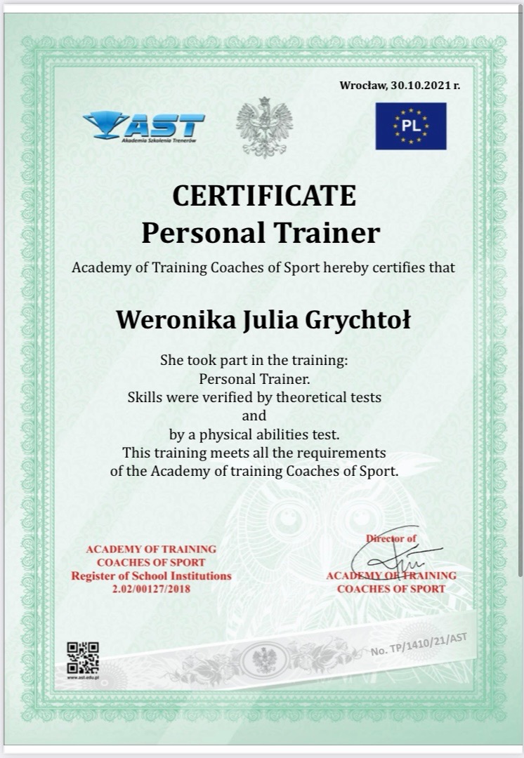Skan certyfikatu ukończenia szkolenia dla trenera personalnego, wydany przez Akademię Szkolenia Trenerów Sportu, z datą 30.10.2021, zawierający logo akademii i godło Polski.