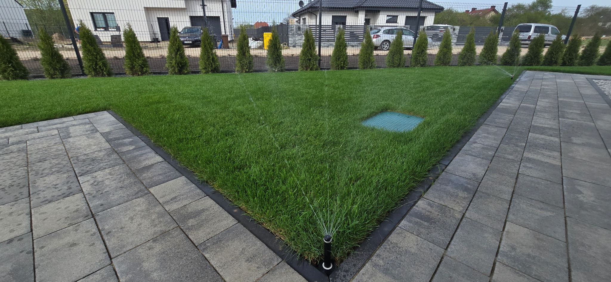 Zraszacze nawadniające trawnik przy posesji z kostką brukową i tujami. W tle dom z szarą elewacją i ogrodzenie z siatki.