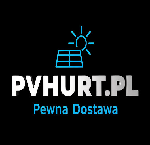 Logo PVhurt.pl z niebieską ikoną panelu słonecznego i słońca nad nazwą, pod spodem napis 'Pewna Dostawa'.