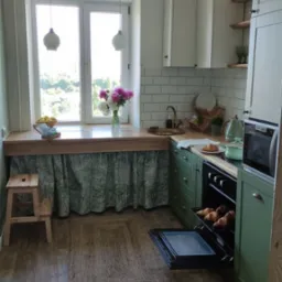 Kuchenne wnętrze w stylu rustykalnym: zielone szafki, drewniany blat pod oknem z ukrytą przestrzenią za zasłoną w liście, świeże kwiaty w wazonie i croissanty w piekarniku.