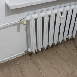 Hydraulik -opolskie - Biały, żeliwny grzejnik członowy z termostatem i elektronicznym miernikiem ciepła, zamontowany na ścianie z drewnianą boazerią i płytkami imitującymi drewno.