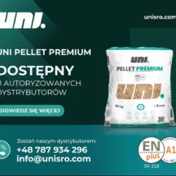 Reklama pelletu UNI Pellet Premium: biały worek 15 kg z pelletem na tle zieleni, logo firmy i certyfikaty jakości.