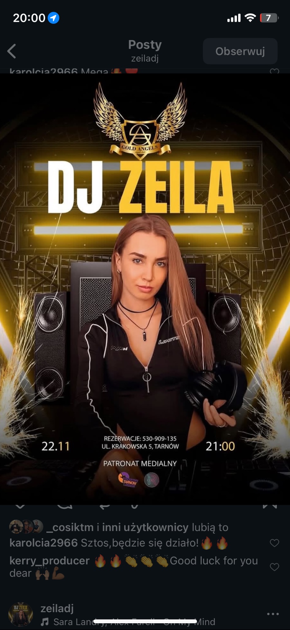 Plakat DJ Zeila z logo Gold Angels, datą 22.11, godziną 21:00, numerem telefonu i adresem w Tarnowie. Kobieta trzyma słuchawki na tle sprzętu DJ-skiego.