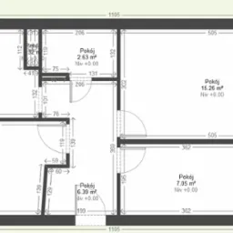 Plan mieszkania z wymiarami i powierzchnią poszczególnych pomieszczeń, prezentujący układ funkcjonalny z uwzględnieniem okien i drzwi.