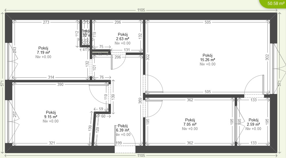 Plan mieszkania z wymiarami i powierzchnią poszczególnych pomieszczeń, prezentujący układ funkcjonalny z uwzględnieniem okien i drzwi.
