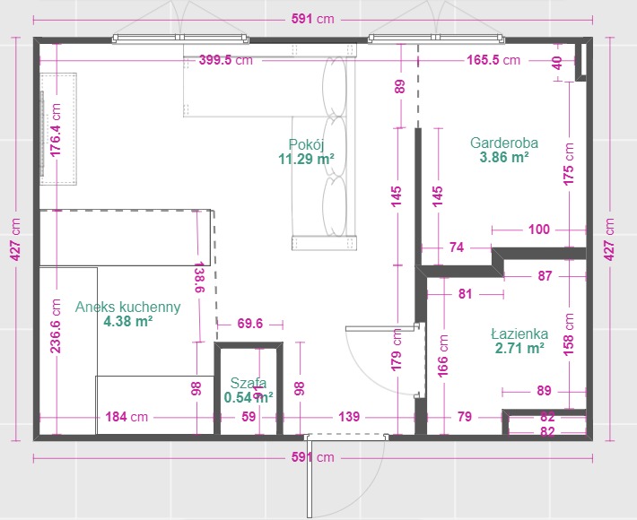 Plan mieszkania z wymiarami, prezentujący układ pomieszczeń takich jak pokój, aneks kuchenny, garderoba i łazienka.