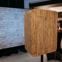 Drewniana obudowa automatu do zdjęć z tłem imitującym ścianę z cegieł, widoczny zamek i fragment wyposażenia sali.