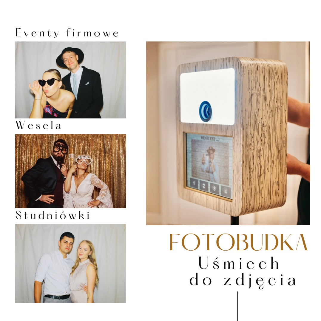 Kompilacja zdjęć z imprez (event firmowy, wesele, studniówka) obok urządzenia z ekranem dotykowym i obudową imitującą drewno.