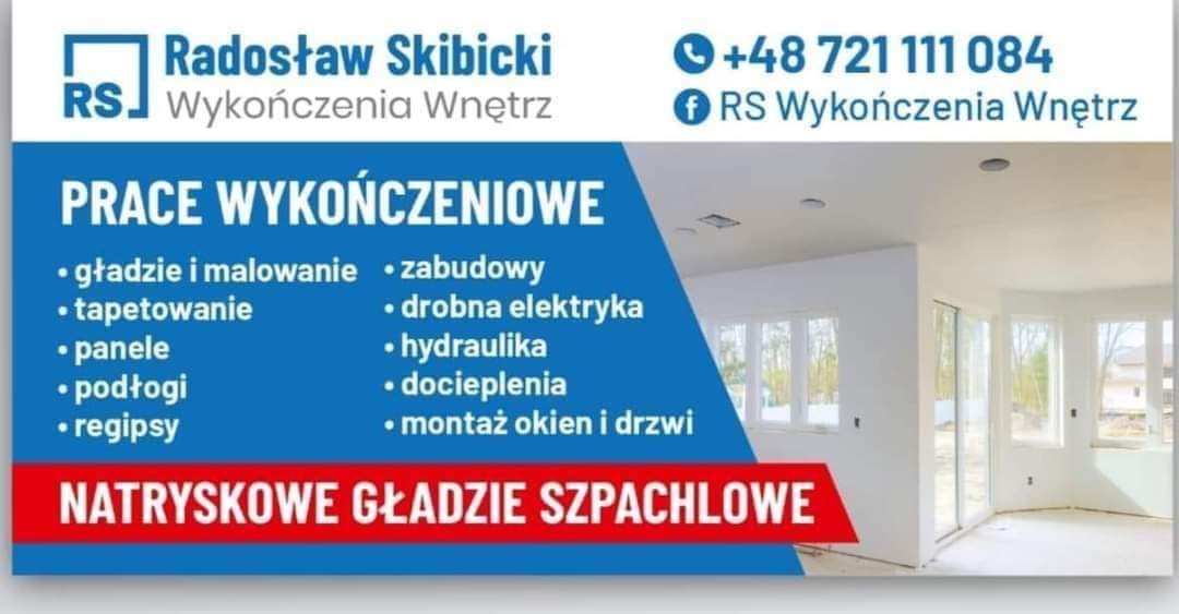 Baner reklamowy firmy Radosław Skibicki Wykończenia Wnętrz, oferującej prace wykończeniowe, w tym gładzie i malowanie, tapetowanie, panele, podłogi, regipsy, zabudowy, drobną elektrykę, hydraulikę,...