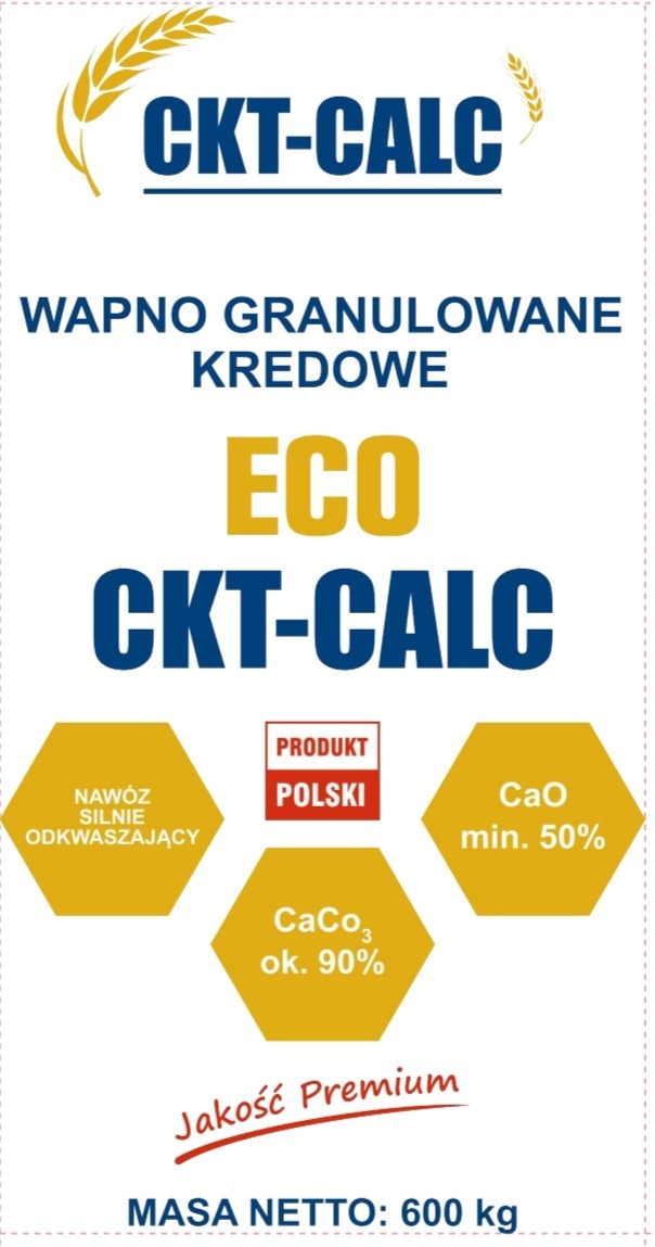 Etykieta wapna granulowanego kredowego ECO CKT-CALC, nawóz silnie odkwaszający, produkt polski, CaCO3 ok. 90%, CaO min. 50%, jakość premium, masa netto 600 kg, z grafiką kłosa zboża.