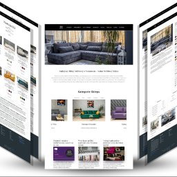 E-profesjonalista - Prezentacja responsywnego sklepu internetowego z meblami, ukazująca widok na różnych urządzeniach i pod różnymi kątami, z wyraźnym naciskiem na kategorię narożników, kanap i foteli.