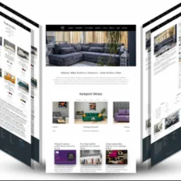 Prezentacja responsywnego sklepu internetowego z meblami, ukazująca widok na różnych urządzeniach i pod różnymi kątami, z wyraźnym naciskiem na kategorię narożników, kanap i foteli.